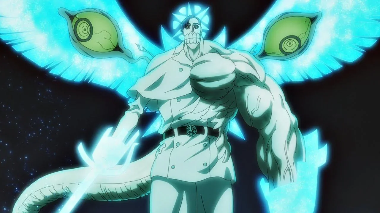 Quilge Opie usando el Sklaverei en su forma Vollständig con alas de luz azul en Bleach Thousand-Year Blood War
