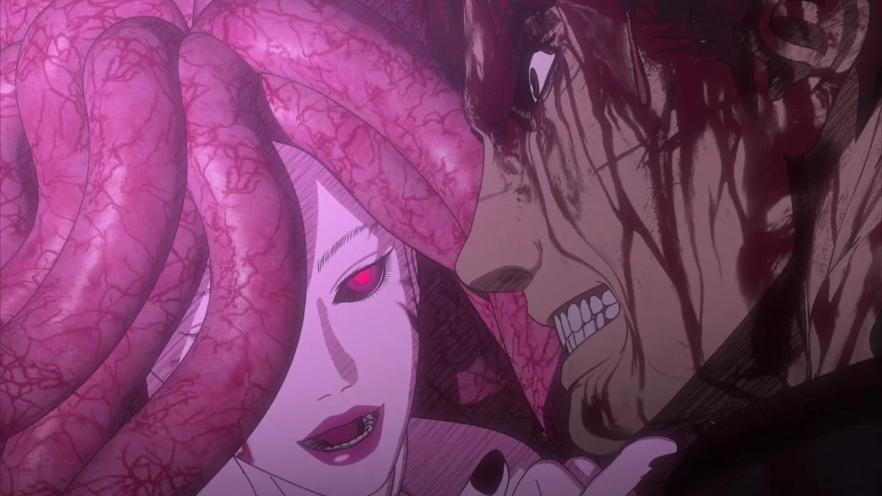 Slan de la Mano de Dios en Berserk enfrentando a Guts en el Qliphoth con su cuerpo formado de entrañas