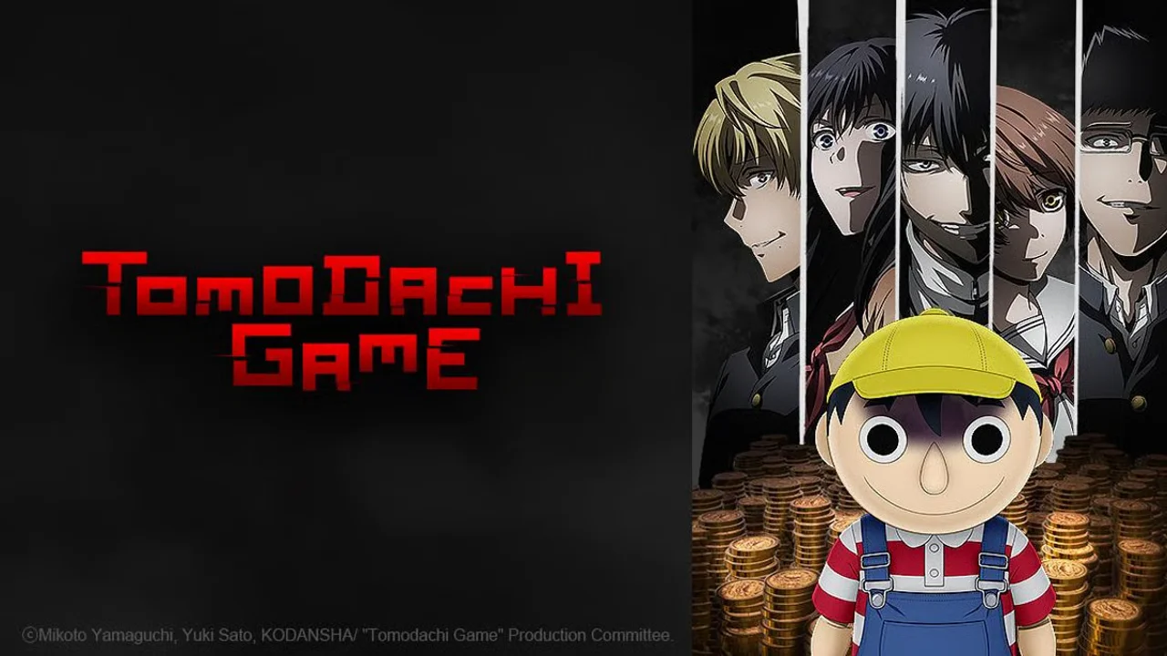 Arte oficial del anime Tomodachi Game con los cinco protagonistas