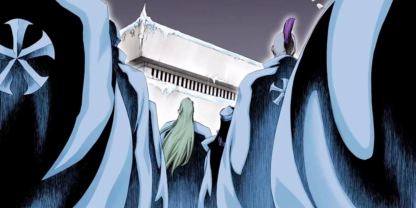Miembros del Wandenreich de espaldas con sus capas blancas y el símbolo Quincy, contemplando la fortaleza del Imperio de las Sombras en Bleach