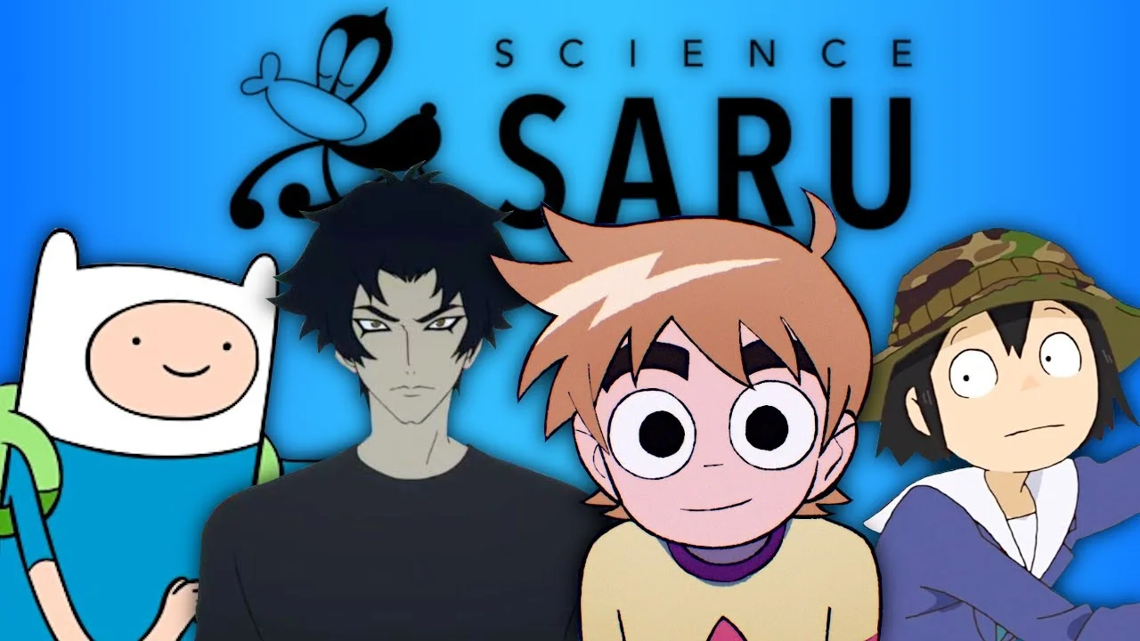 Personajes de las series producidas por Science SARU junto al logo del estudio
