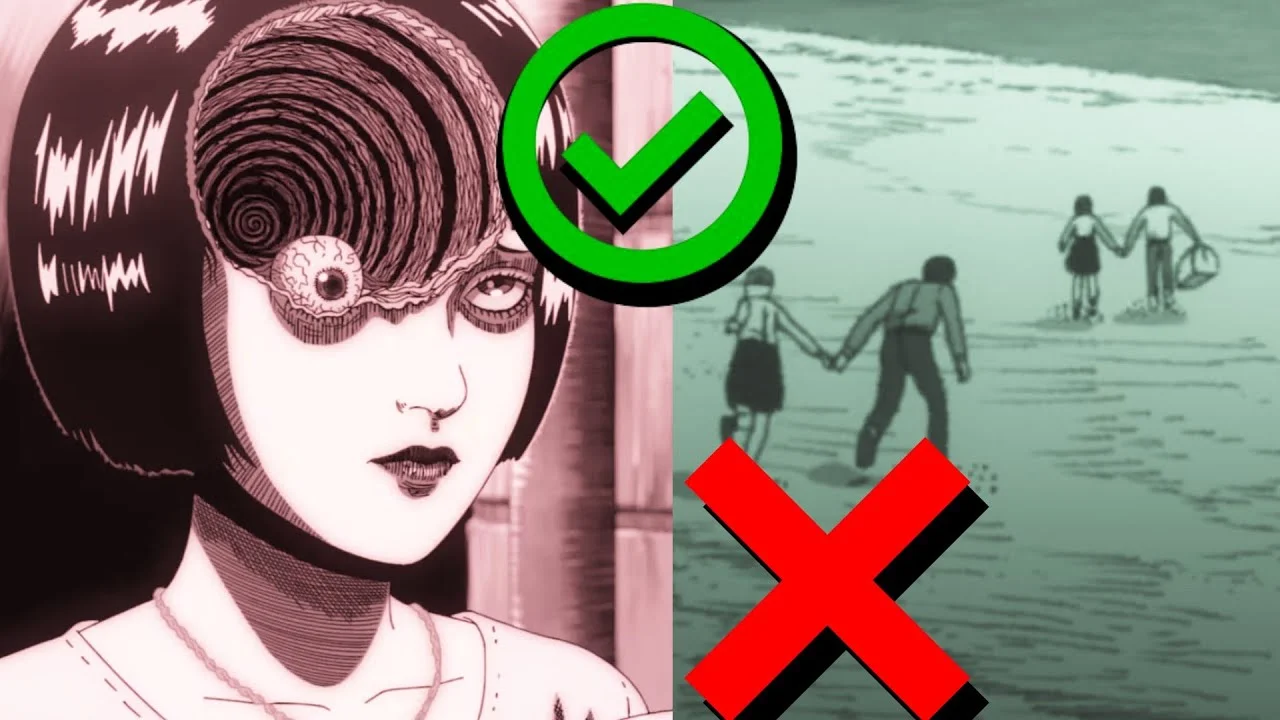 Comparativa entre el anime y el manga de Uzumaki de Junji Ito: a la izquierda Kirie con el ojo en espiral del anime, a la derecha una escena del manga con marca de incorrecto