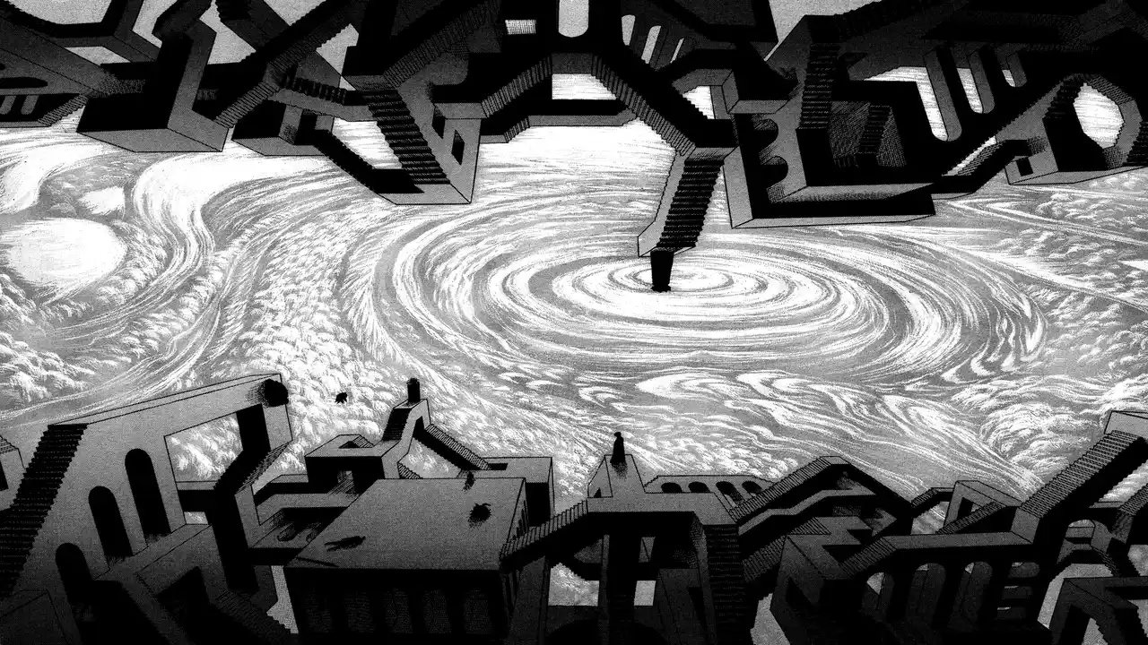El Abismo en Berserk representado como una ciudad imposible con escaleras infinitas y remolinos de luz en el manga