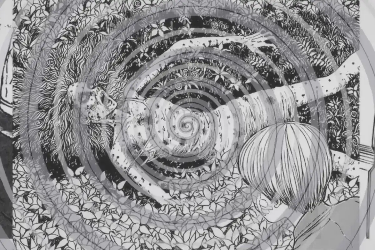 Escena del manga de Uzumaki de Junji Ito en blanco y negro: personaje siendo absorbido por una espiral gigante entre la vegetación