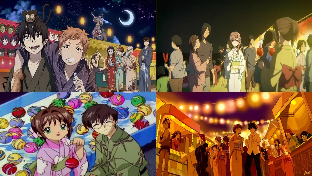 Collage de escenas de festivales de verano en anime: personajes en yukata disfrutando de puestos de comida, juegos de agua y ambiente nocturno con farolillos