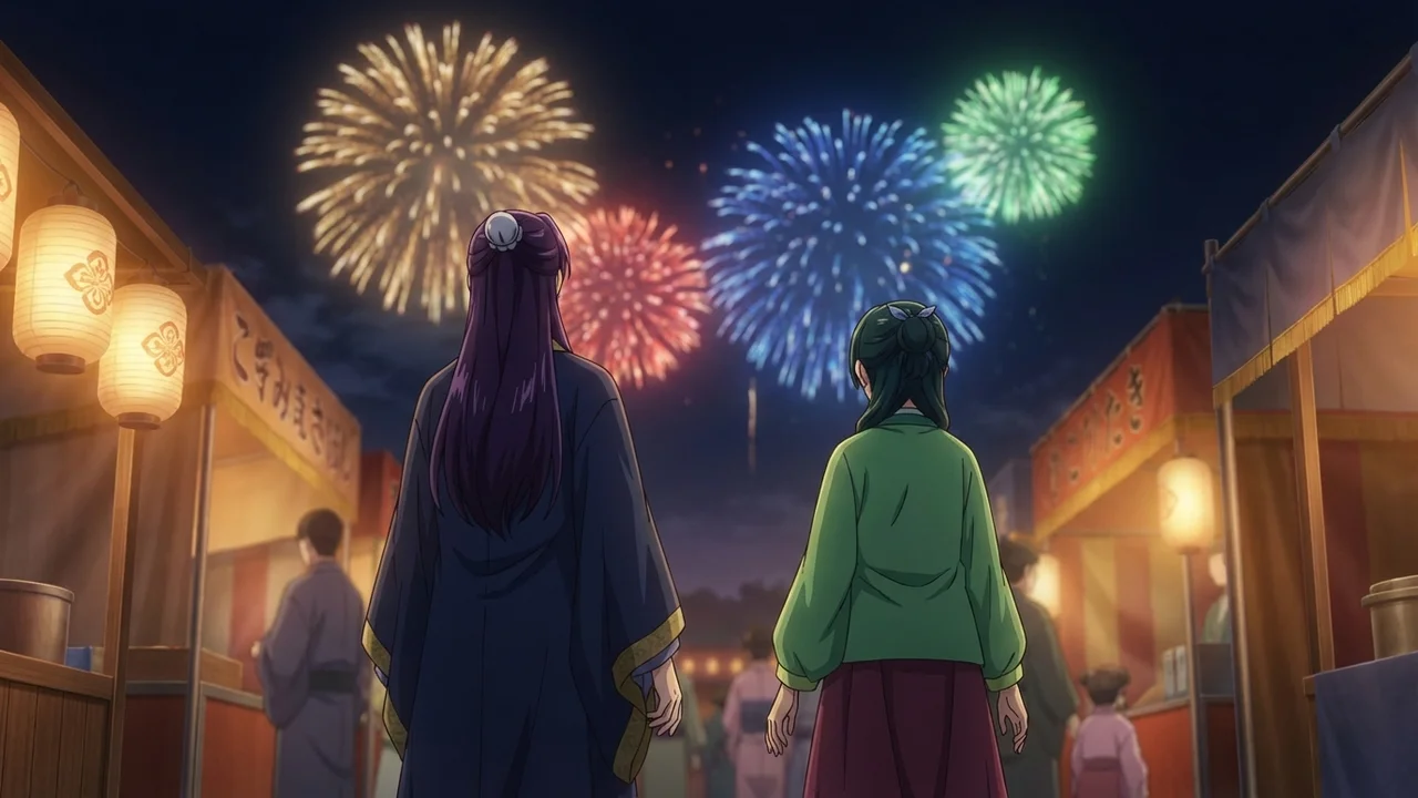 Personajes de anime observando fuegos artificiales de colores desde un pasillo de puestos iluminados con farolillos durante un matsuri japonés