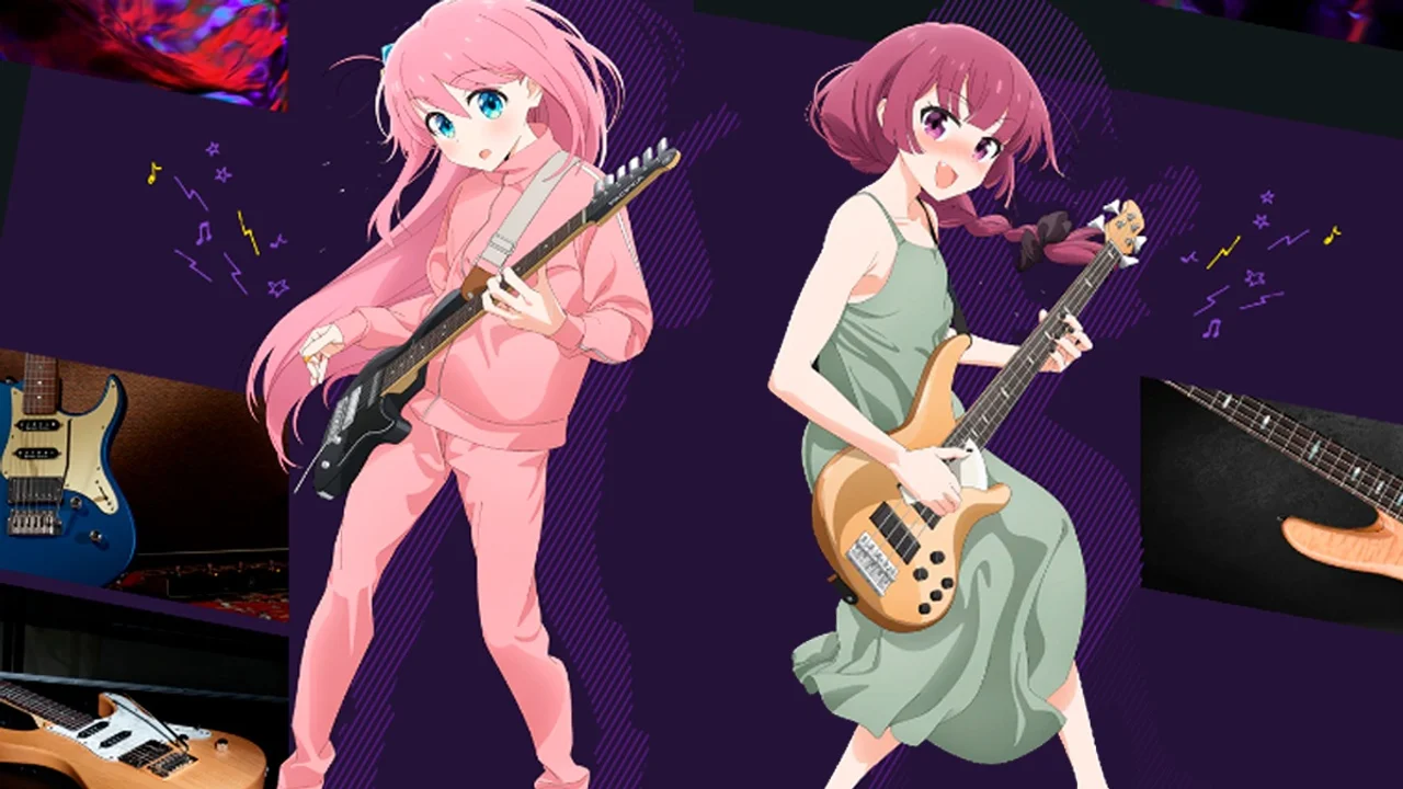 Hitori Gotoh con su guitarra eléctrica Gibson Les Paul Custom y Ryō Yamada con su bajo Mustang Bass en Bocchi the Rock!