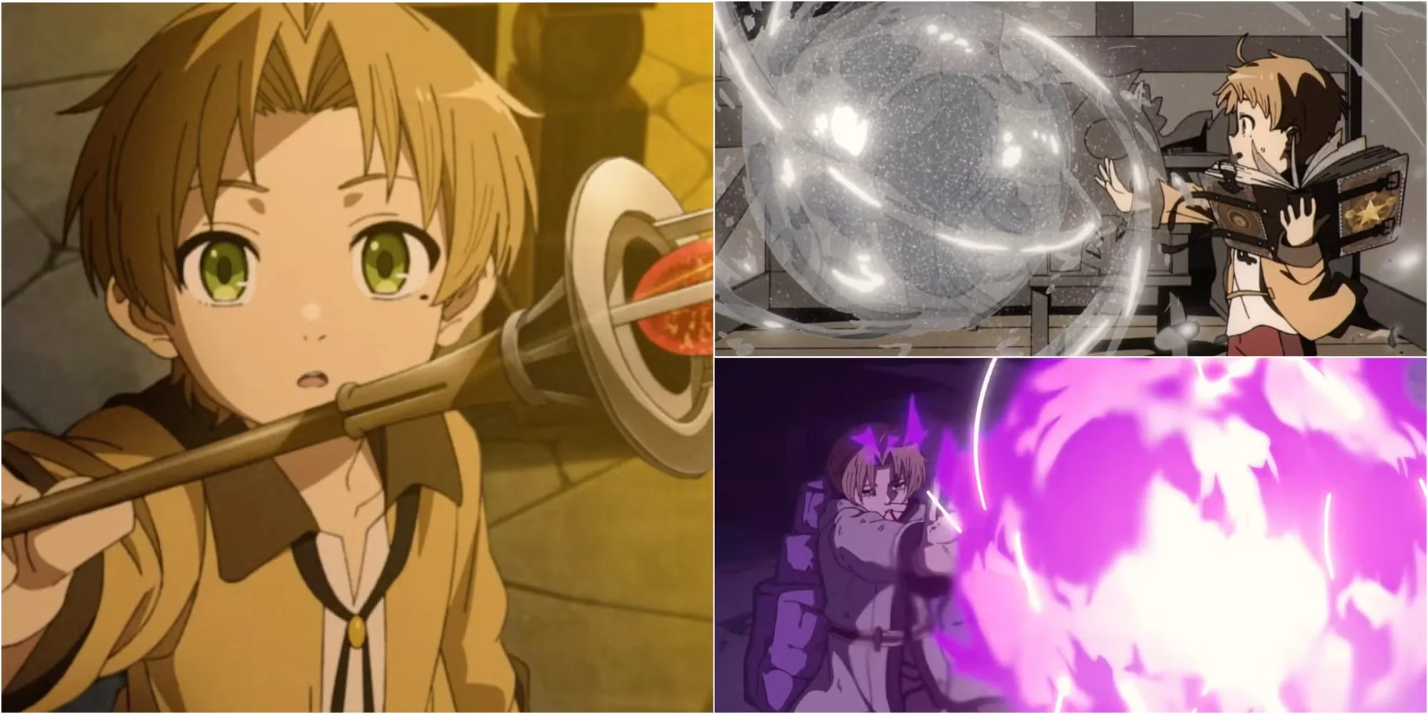 Rudeus Greyrat usando distintos hechizos mágicos en combate en Mushoku Tensei