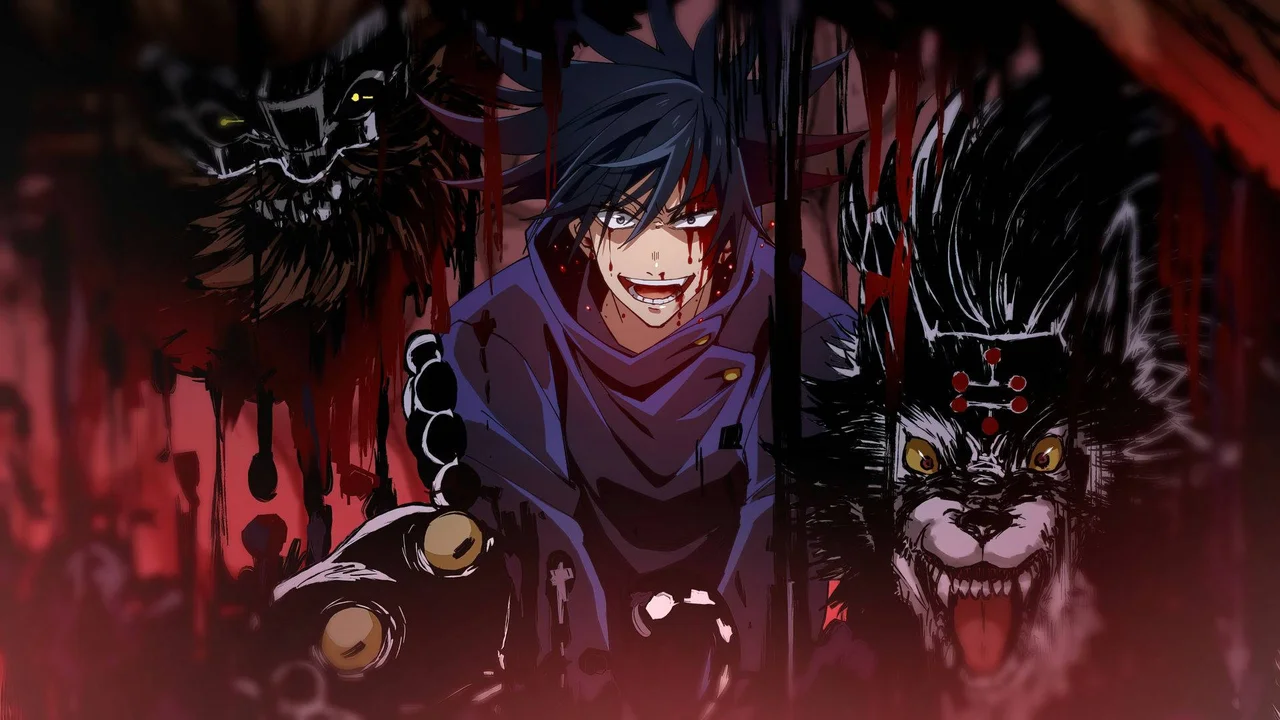 Megumi Fushiguro de Jujutsu Kaisen usando la Técnica de las Diez Sombras rodeado de bestias malditas oscuras