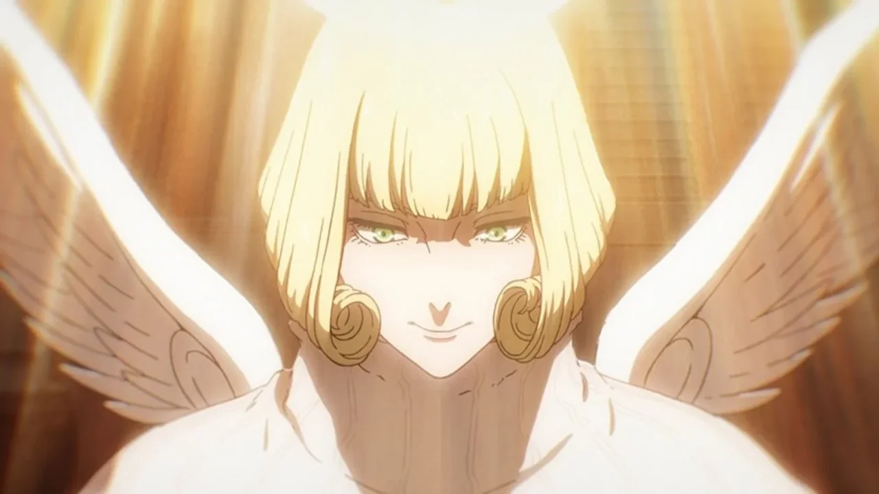Hana Kurusu, el Ángel, descendiendo con alas doradas en Jujutsu Kaisen temporada 3