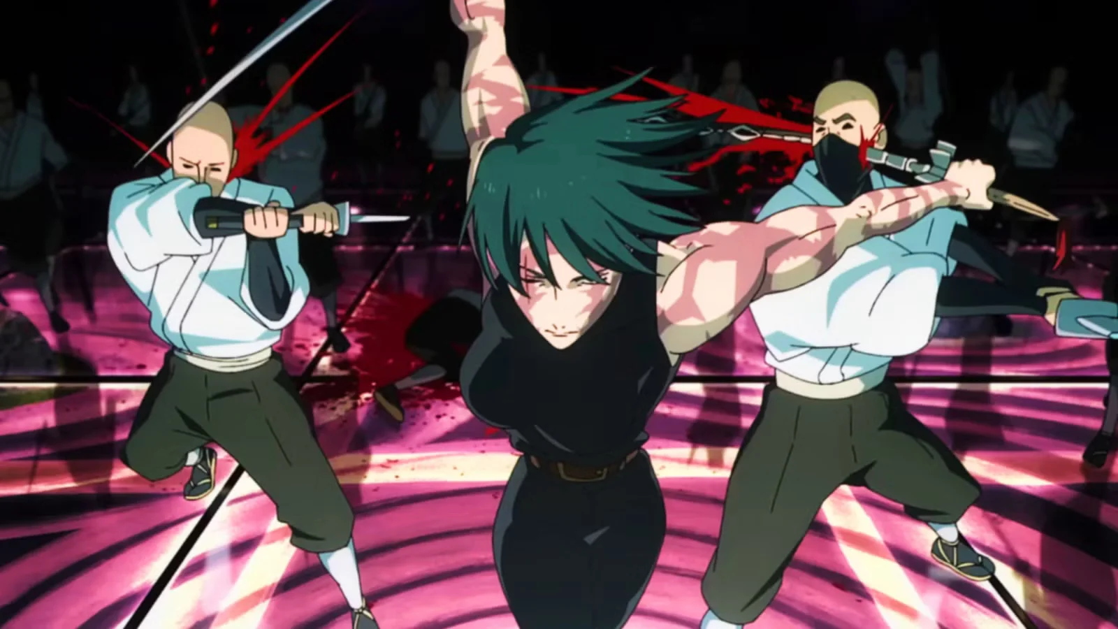Maki Zenin combatiendo y eliminando a miembros armados del clan Zenin en Jujutsu Kaisen