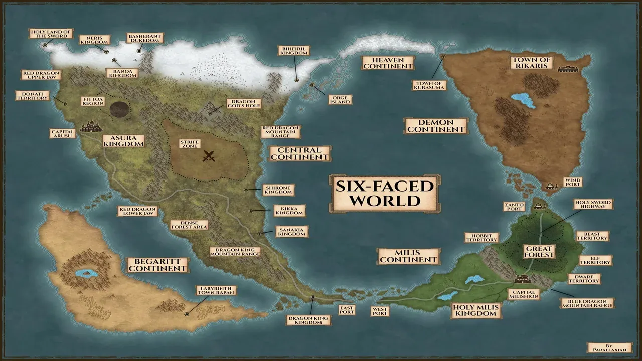 Mapa completo del Mundo de las Seis Caras de Mushoku Tensei con todos los continentes y reinos