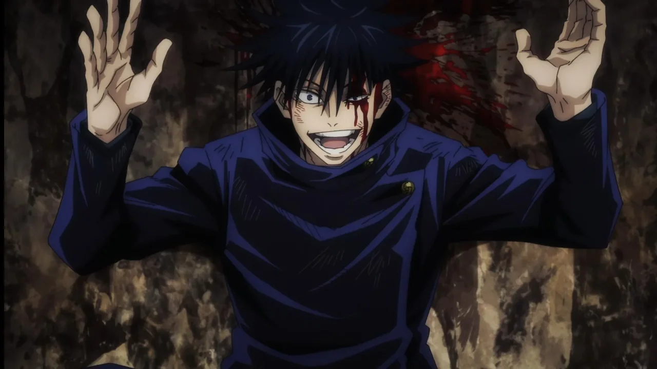 Megumi Fushiguro sonriendo con sangre en el rostro en Jujutsu Kaisen