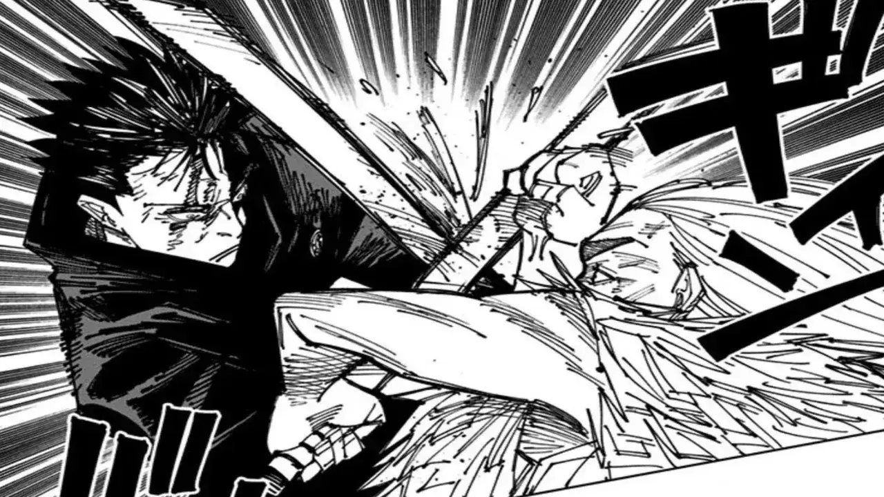 Megumi Fushiguro golpeando a Reggie Star en el combate del Culling Game, manga de Jujutsu Kaisen
