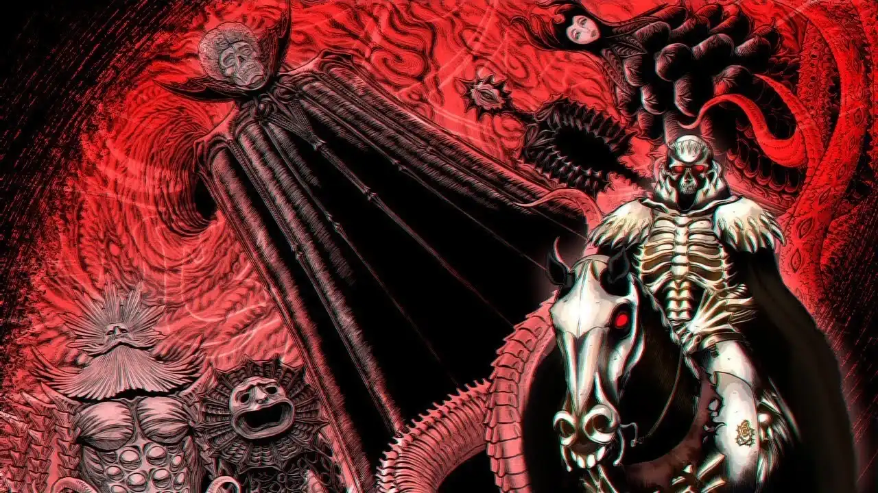 Los cinco miembros visibles de la Mano de Dios en Berserk: Void, Slan, Ubik y Conrad durante el Eclipse