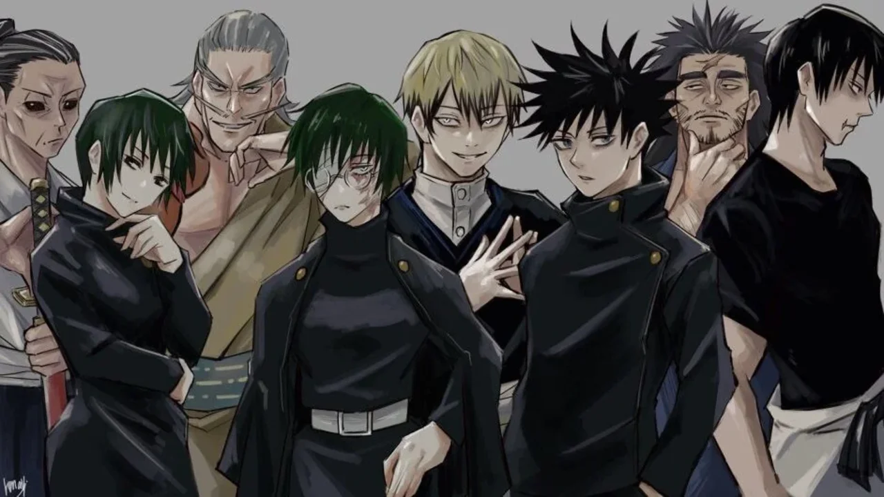 Ilustración grupal de los principales miembros del clan Zenin en Jujutsu Kaisen
