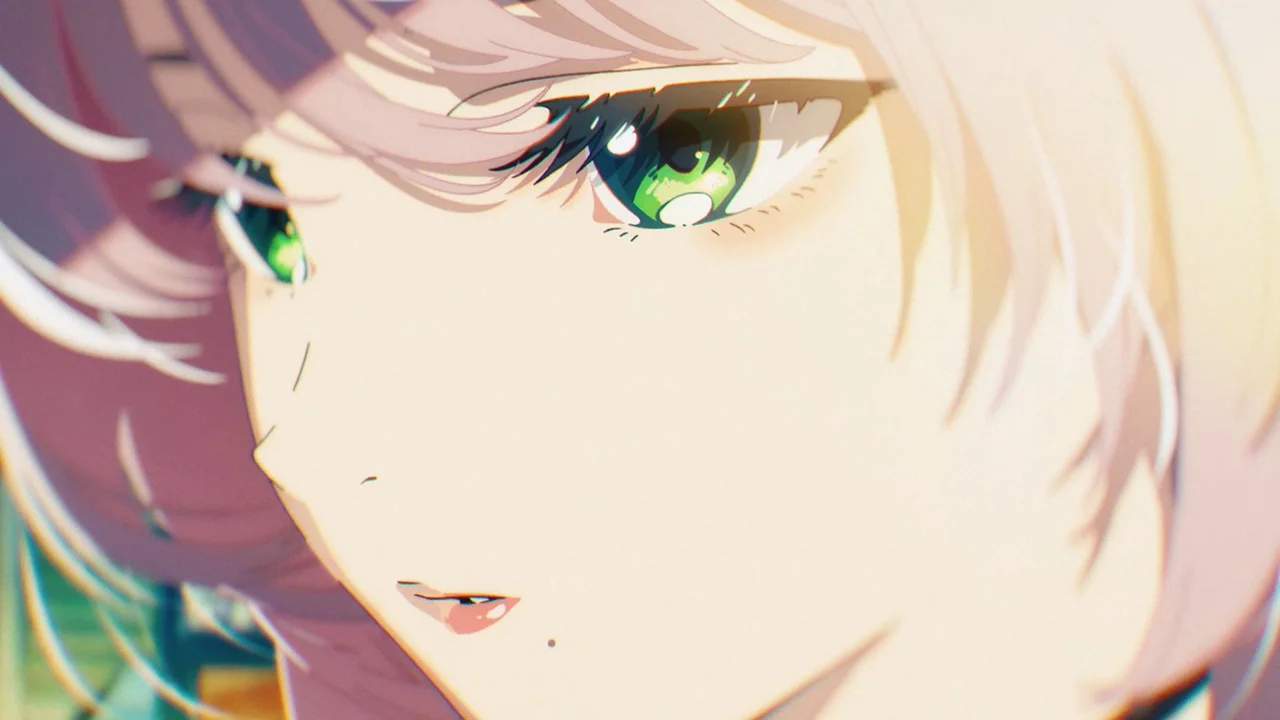 Primer plano de personaje anime con ojos verdes intensos, del film musical de Tetsuro Araki
