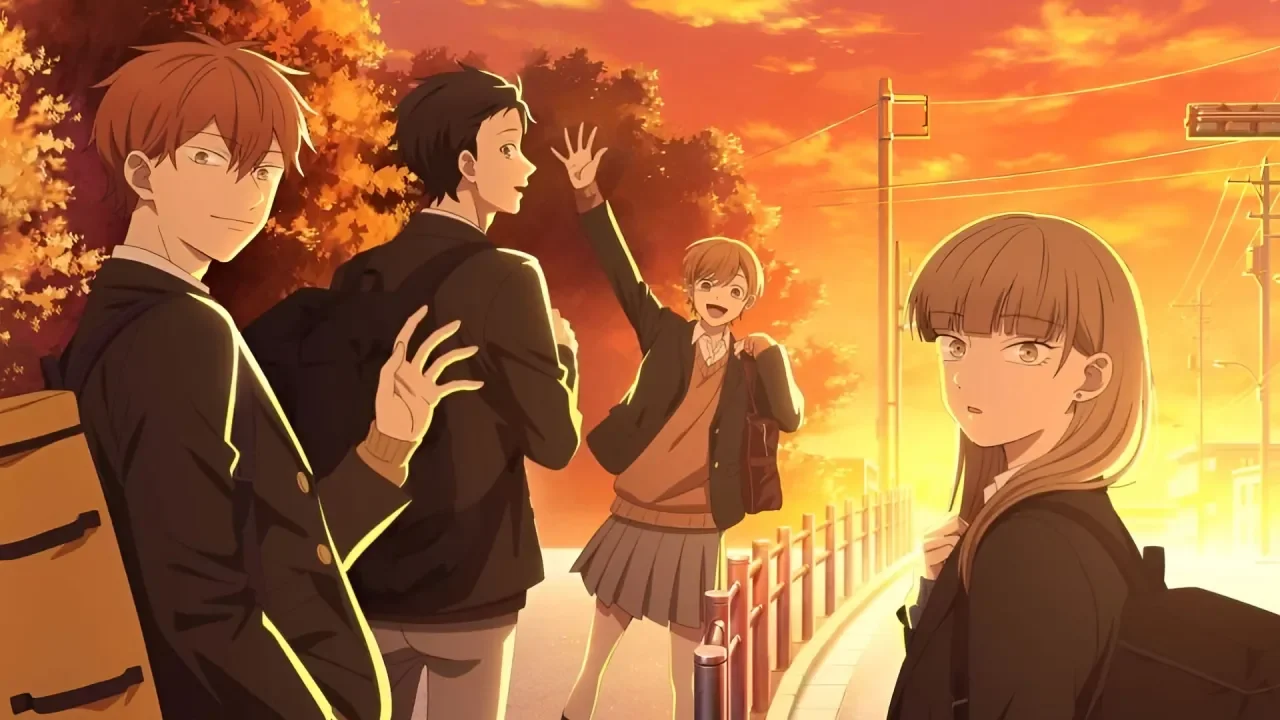 Minato y sus amigos en una calle al atardecer con Koyuki al fondo en Koori no Jouheki