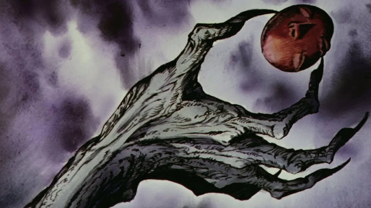 Un Beherit activado con forma de cara desordenada flotando entre nubes oscuras en Berserk
