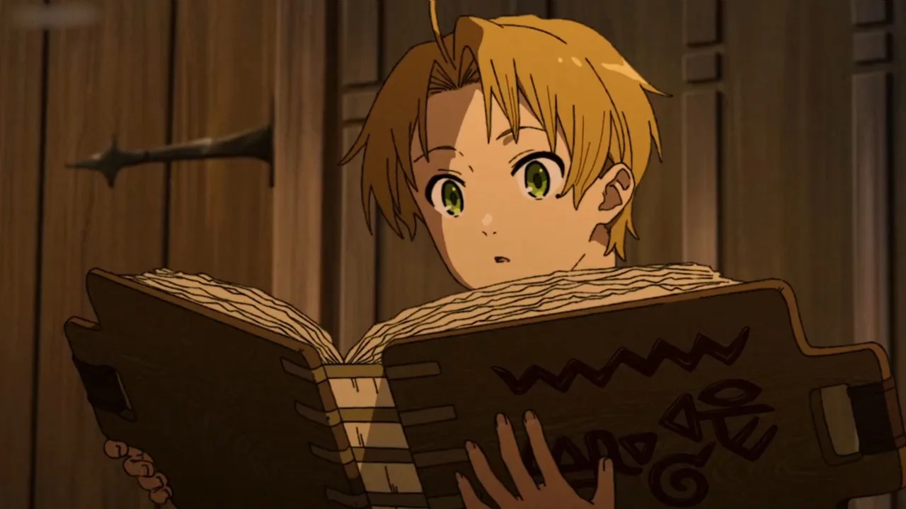 Rudeus Greyrat de niño leyendo un grimorio de magia en Mushoku Tensei