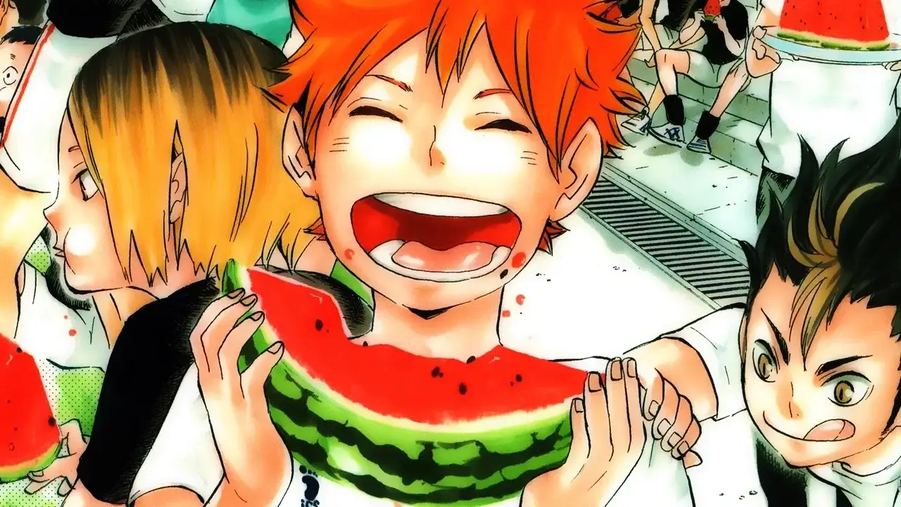 Ilustración oficial del manga Haikyuu con Hinata Shoyo comiendo sandía junto a sus compañeros del equipo Karasuno