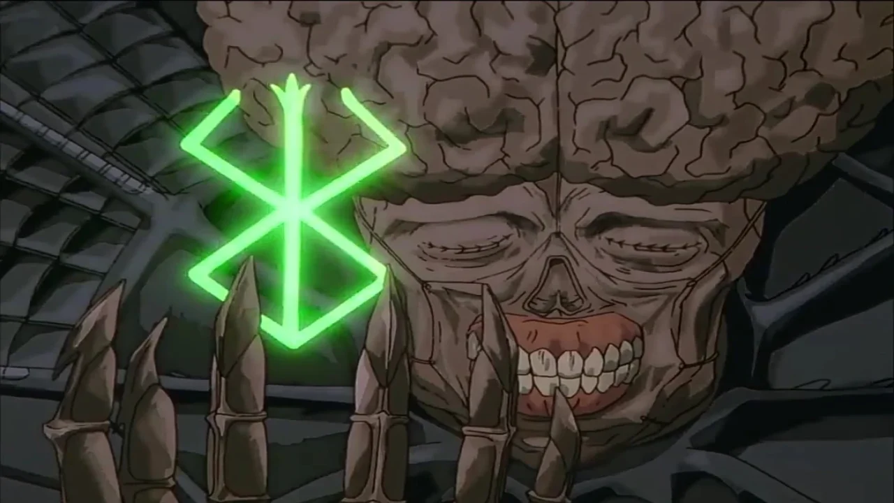 Void de la Mano de Dios en Berserk con su cerebro expuesto y el Estigma del Sacrificio brillando en verde