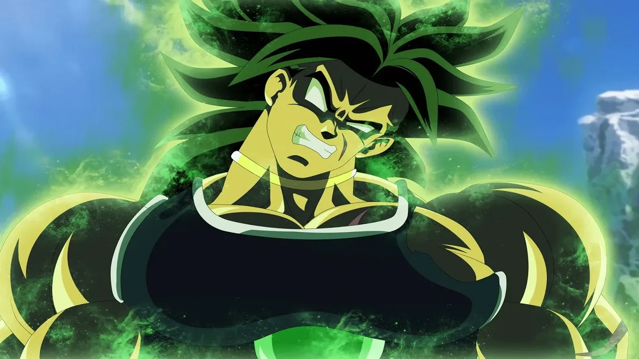 Broly en Estado Iracundo rodeado de energía verde en Dragon Ball Super