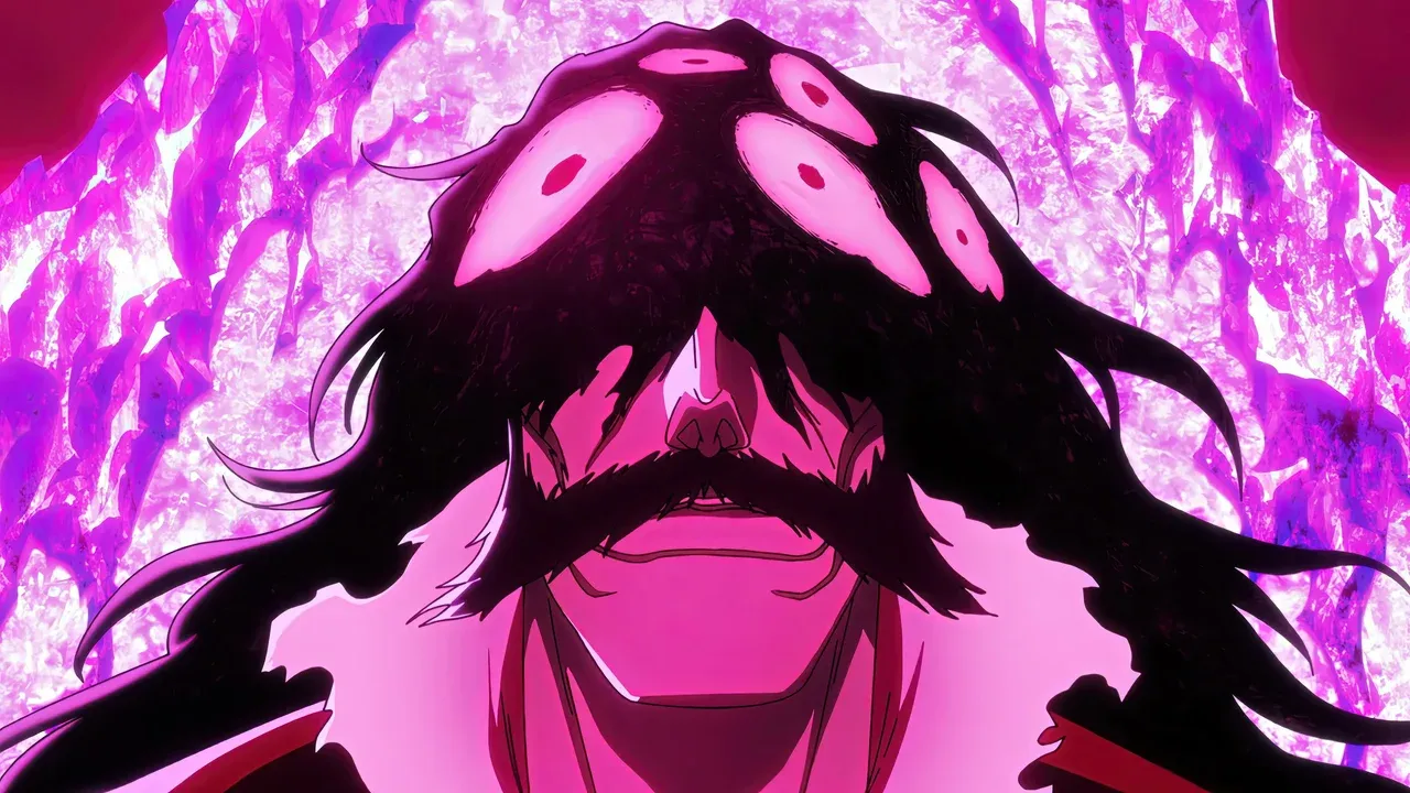 Yhwach activando El Todopoderoso con múltiples ojos y energía púrpura en Bleach TYBW