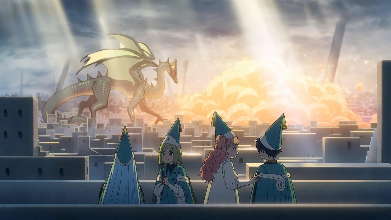 Las aprendices observan al dragón de escamas sobre la ciudad en el Laberinto Ilusorio de Witch Hat Atelier