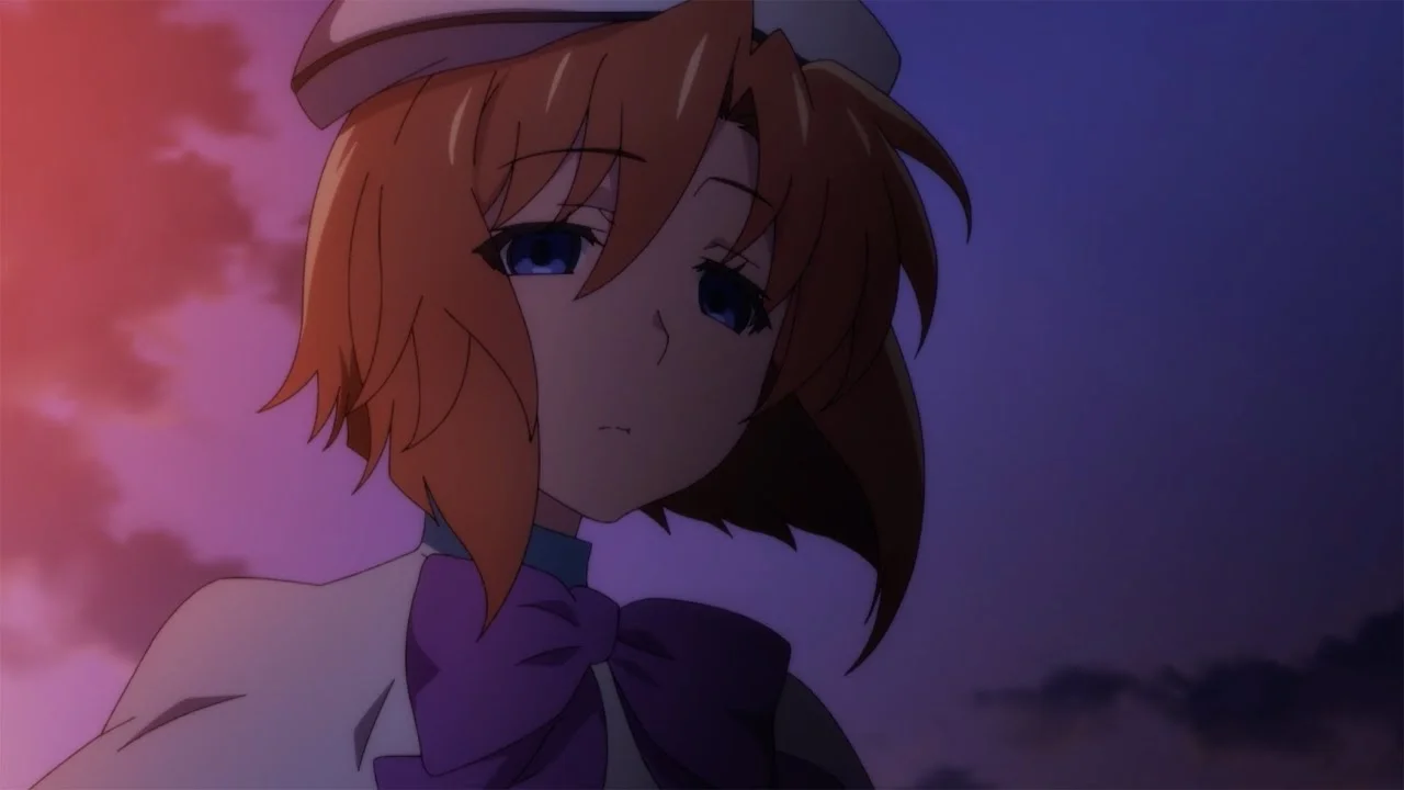 Personaje femenino con expresión melancólica al anochecer en Higurashi When They Cry