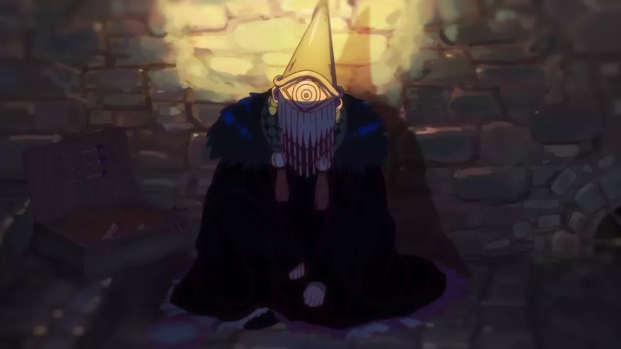 Iguin con sombrero dorado y ojo único en Witch Hat Atelier