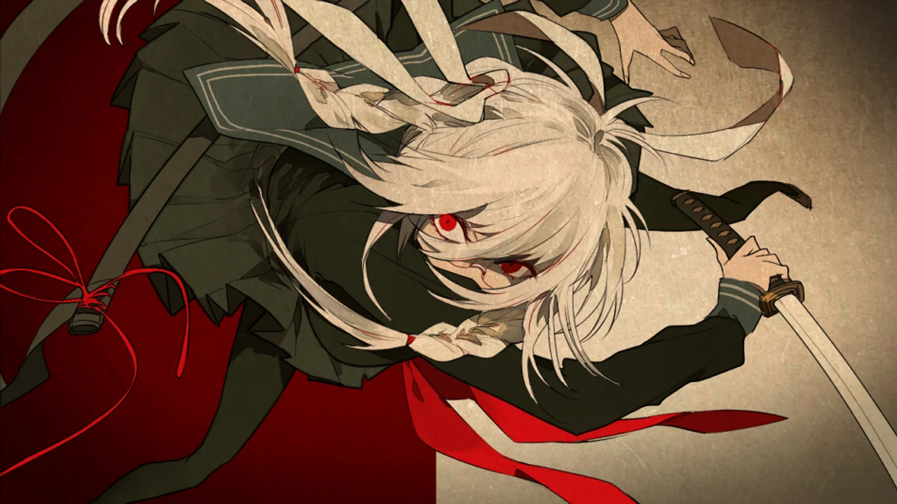 Peko Pekoyama con los ojos rojos desenfundando la katana en Danganronpa