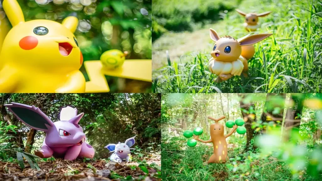 Figuras a escala real de Pikachu, Eevee, Nidoran y Sudowoodo integradas en la naturaleza del Pokémon Forest de PokéPark Kanto