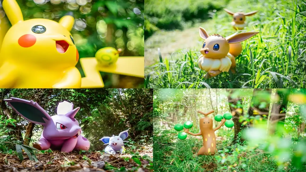 Figuras a escala real de Pikachu, Eevee, Nidoran y Sudowoodo integradas en la naturaleza del Pokémon Forest de PokéPark Kanto