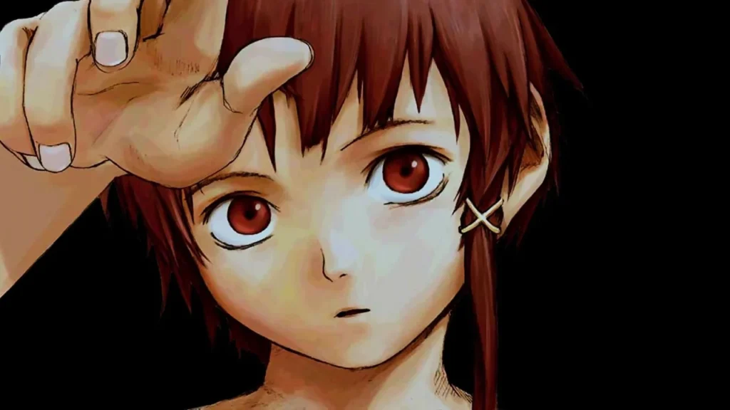 Lain Iwakura de cerca con expresión seria y el característico pasador en forma de X, imagen promocional de Serial Experiments Lain
