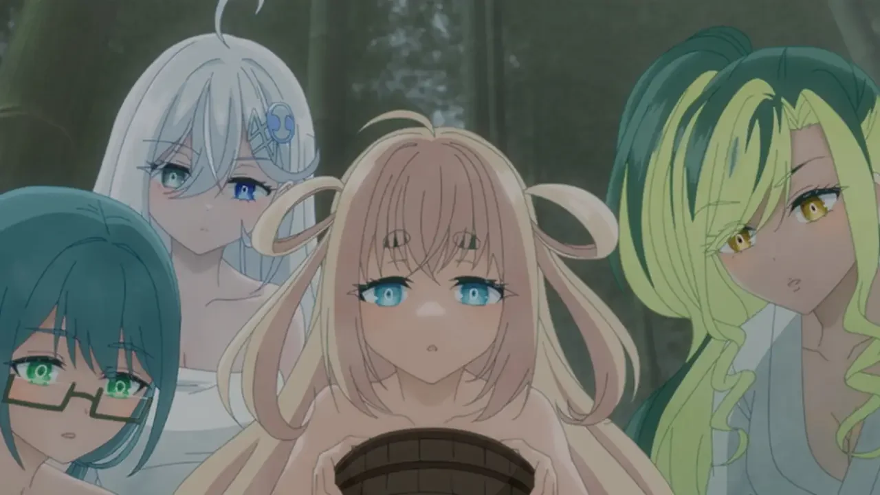 Escena de Shiboyugi con las protagonistas en los Baños Dorados, anime criticado por su doblaje en España