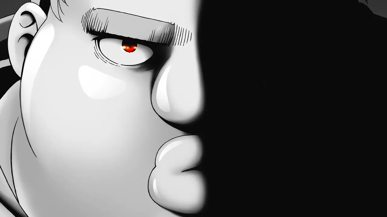 Primer plano de Shigeru con ojo rojo en Uglymug Epicfighter, anime isekai de White Fox 2025