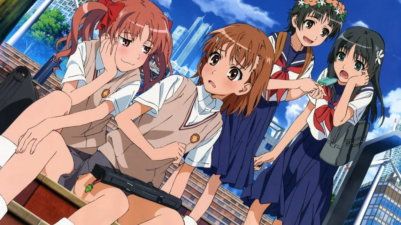 Misaka Mikoto y sus amigas Kuroko, Uiharu y Saten en Toaru Kagaku no Railgun, orden cronológico de la franquicia