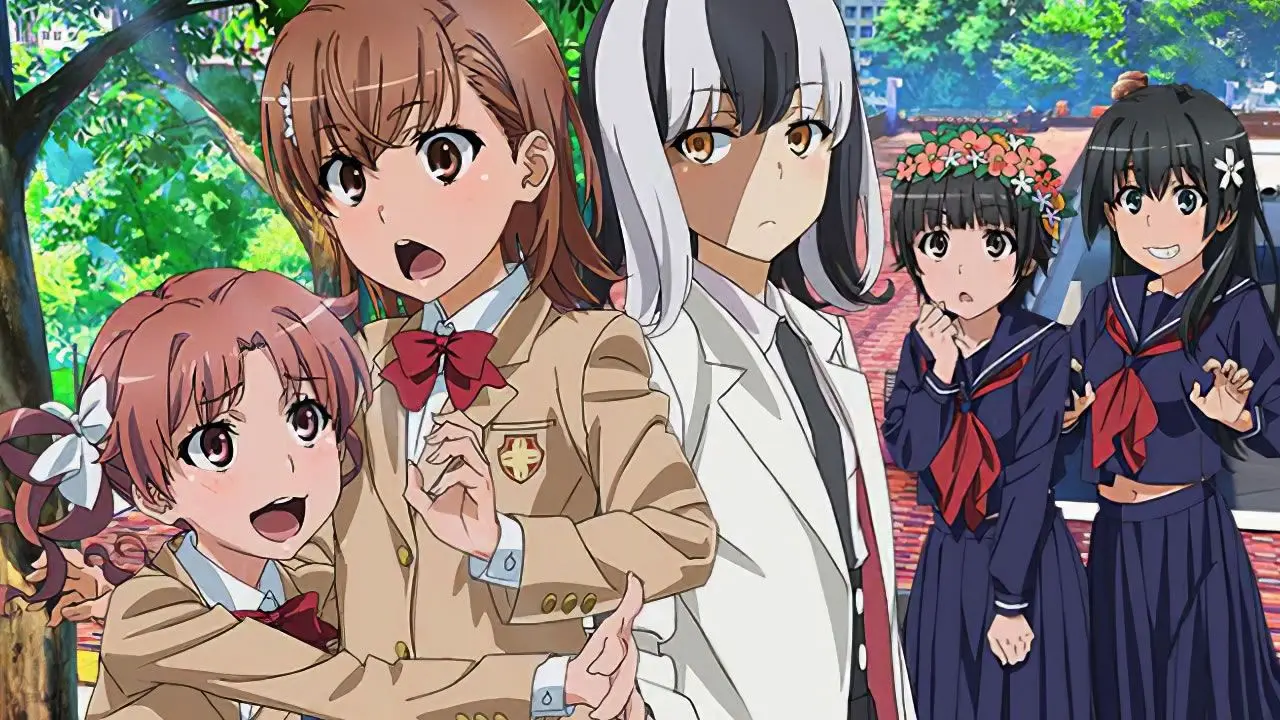 Grupo protagonista de Toaru Kagaku no Railgun T con Misaka Mikoto al frente durante el Festival Daihasei