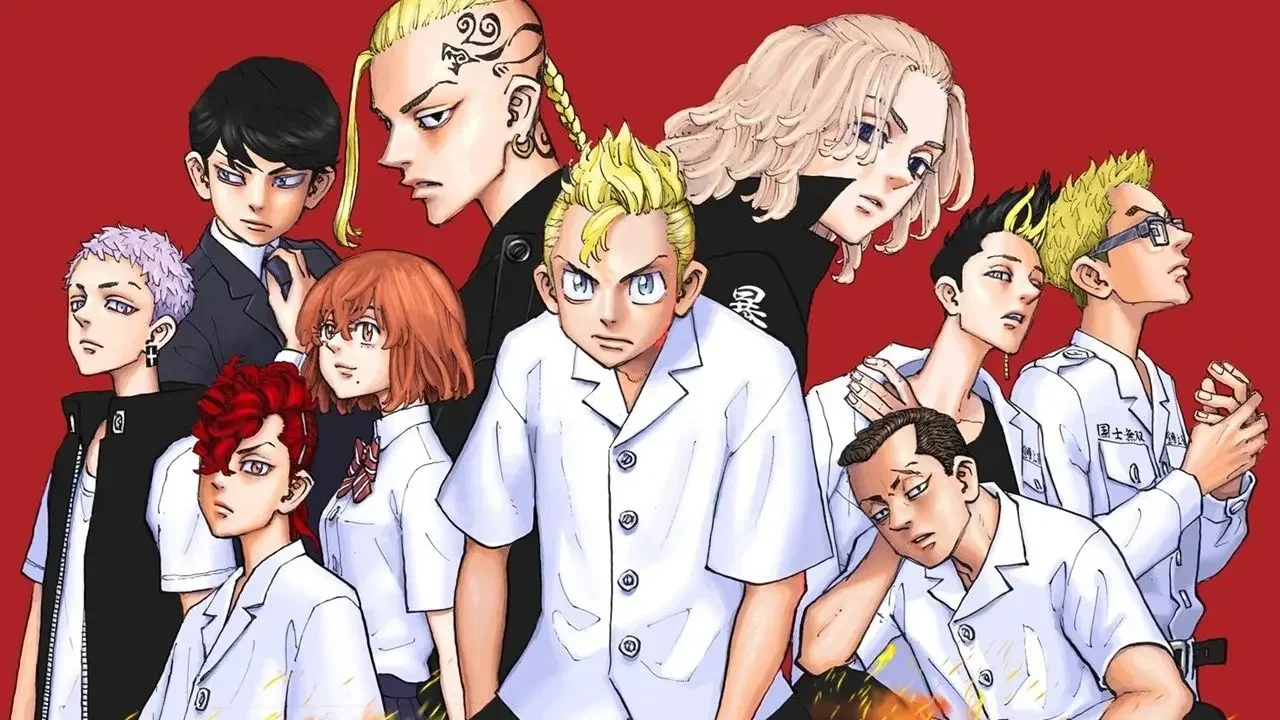 Ilustración oficial del elenco principal de Tokyo Revengers sobre fondo rojo