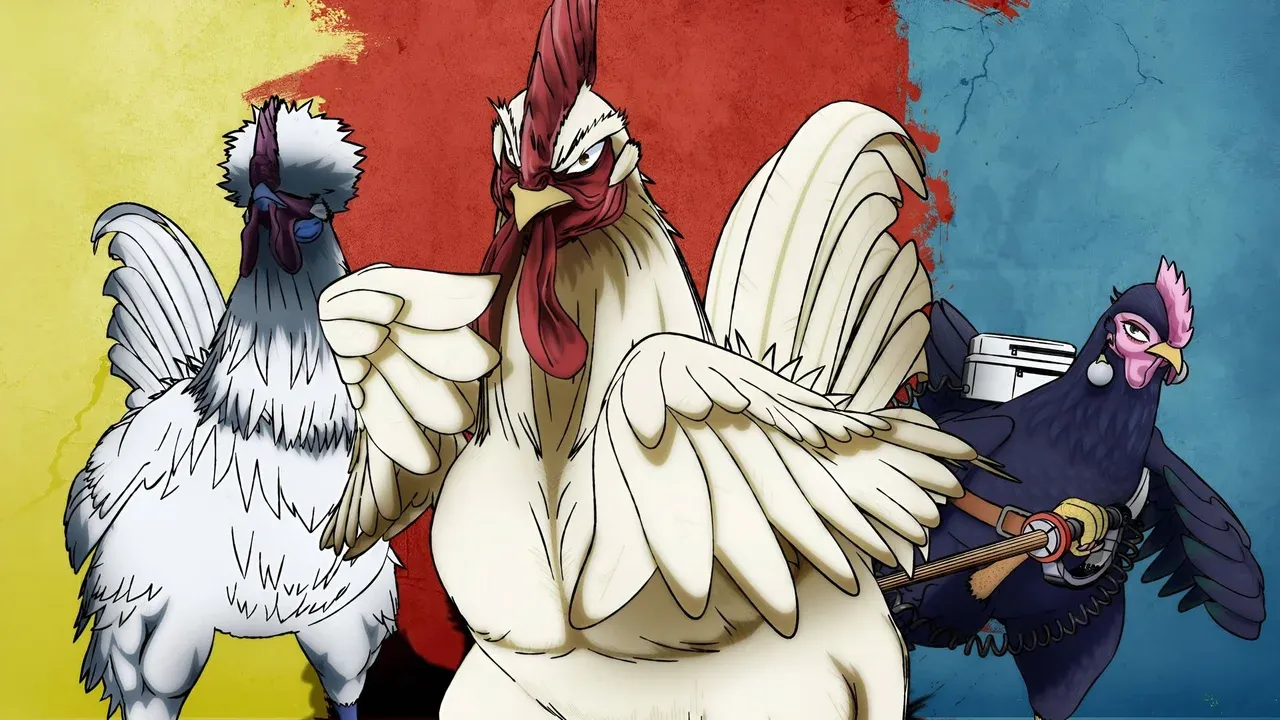 Keiji y sus aliados en Rooster Fighter, el anime del gallo peleando kaijus de 2026