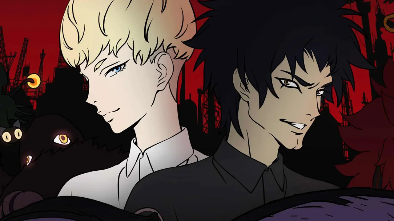 Ryo y Akira frente a un cielo rojo apocalíptico en Devilman Crybaby
