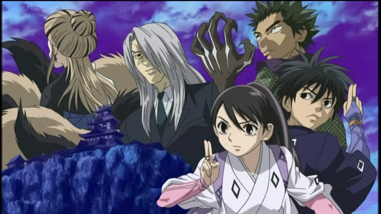 Tokine y Yoshimori junto a criaturas sobrenaturales en el anime Kekkaishi