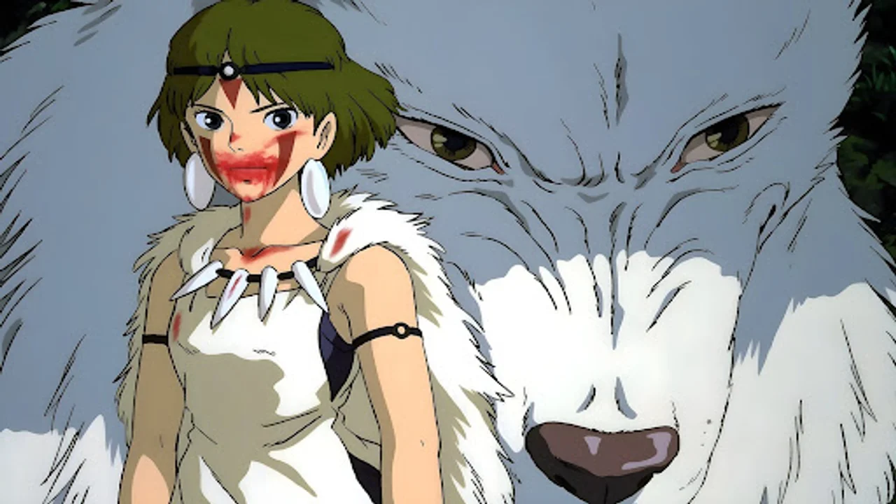 San junto a su lobo blanco gigante en una escena de la película Princesa Mononoke