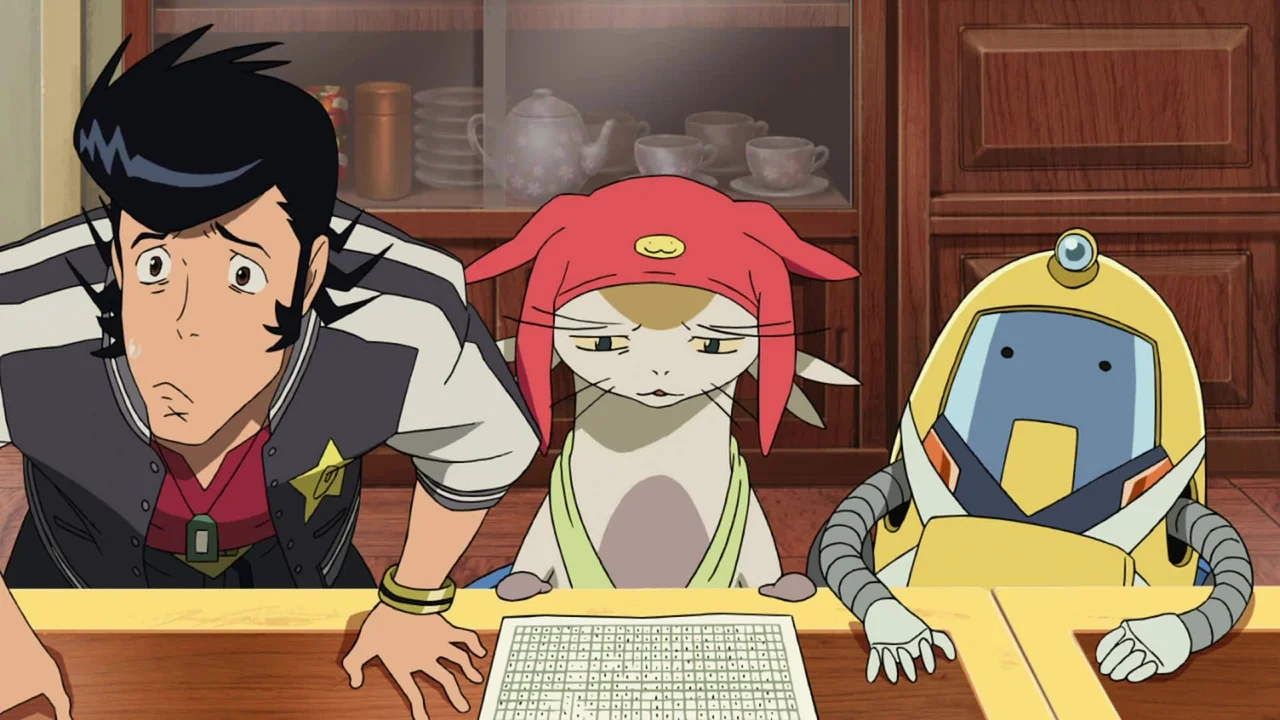Space Dandy y su tripulación examinan un documento en una escena del anime