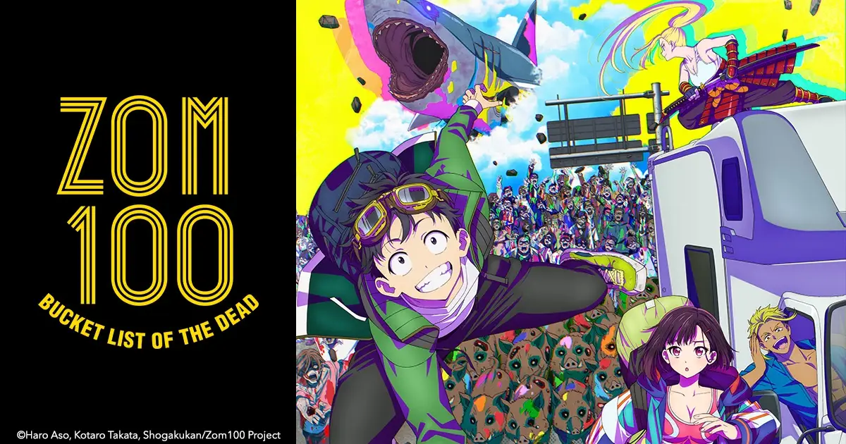 Akira celebrando entre zombis con colores neón en Zom 100: Bucket List of the Dead