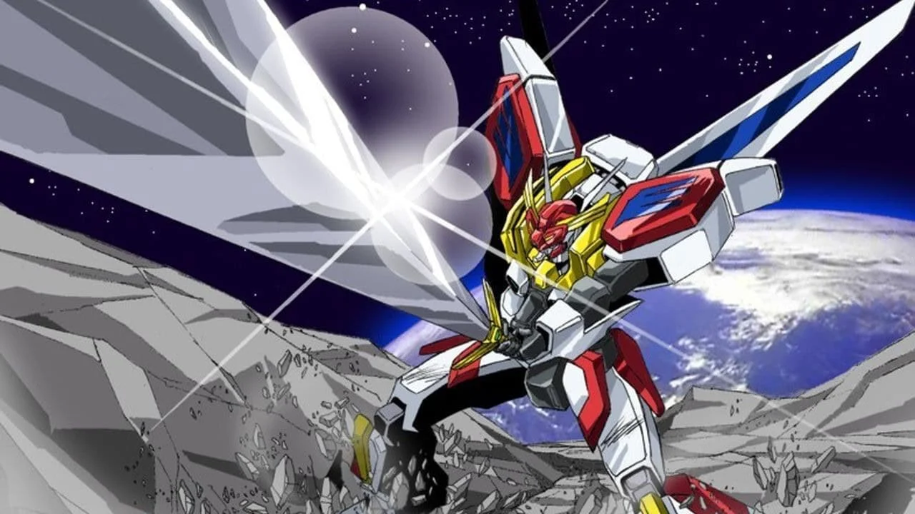 Mecha de Brave Exkaiser en postura Obari: perspectiva forzada con el arma apuntando a cámara rodeado de escombros geométricos
