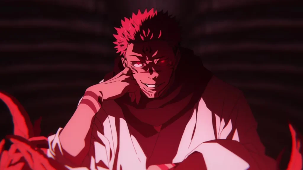 Sukuna sonriendo rodeado de llamas rojas en Jujutsu Kaisen temporada 4