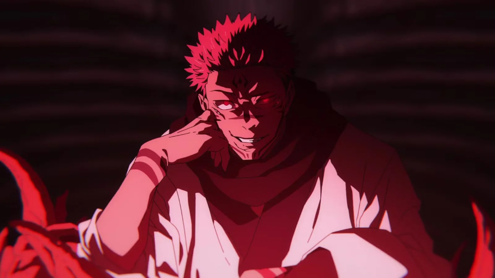 Sukuna sonriendo rodeado de llamas rojas en Jujutsu Kaisen temporada 4