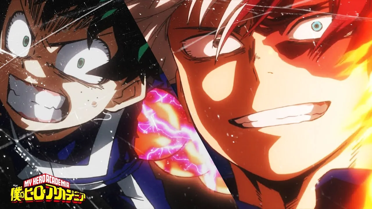 Deku y Todoroki enfrentados en My Hero Academia con rayos de energía entre ellos, secuencia animada por Yutaka Nakamura